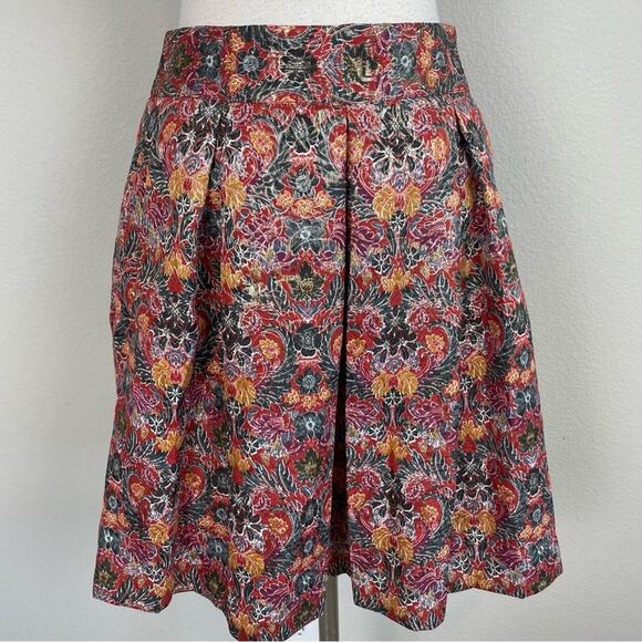 Maeve Red Multi Color Rosie Brocade Pleated Skirt Small